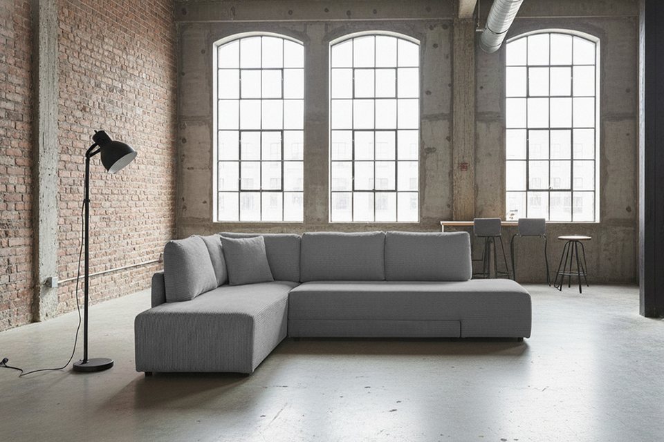 Cord Ecksofa SADIRA in Grau mit Recamiere