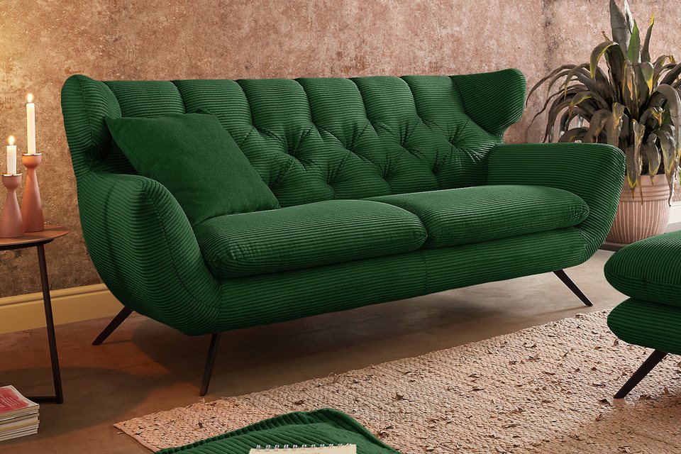 Cord Sofa CHARME in Smaragd mit schwarzen Metallfüßen