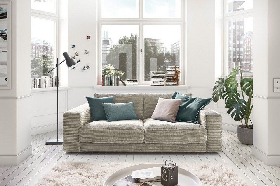 Cord Sofa MADELINE in Steingrau mit tiefer Sitzfläche