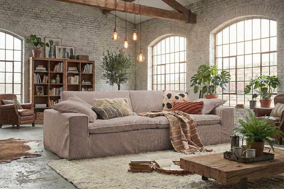 Cord Sofa NETTA 226 cm in Taupe mit abziehbarem Bezug