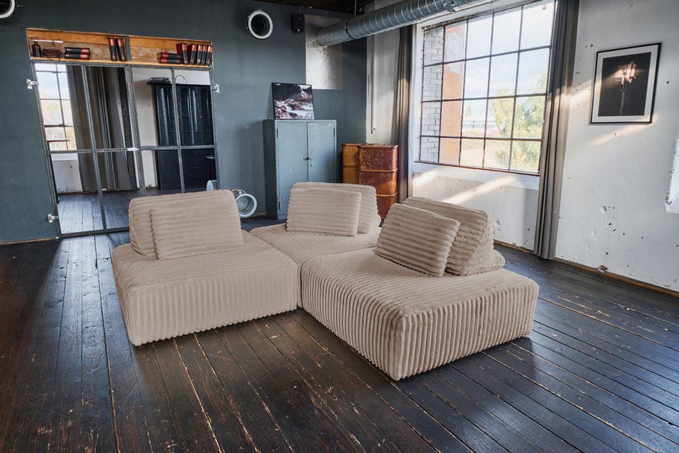 Modulares Cord Sofa WIOLO SOFT in Taupe mit drei Sitzelementen