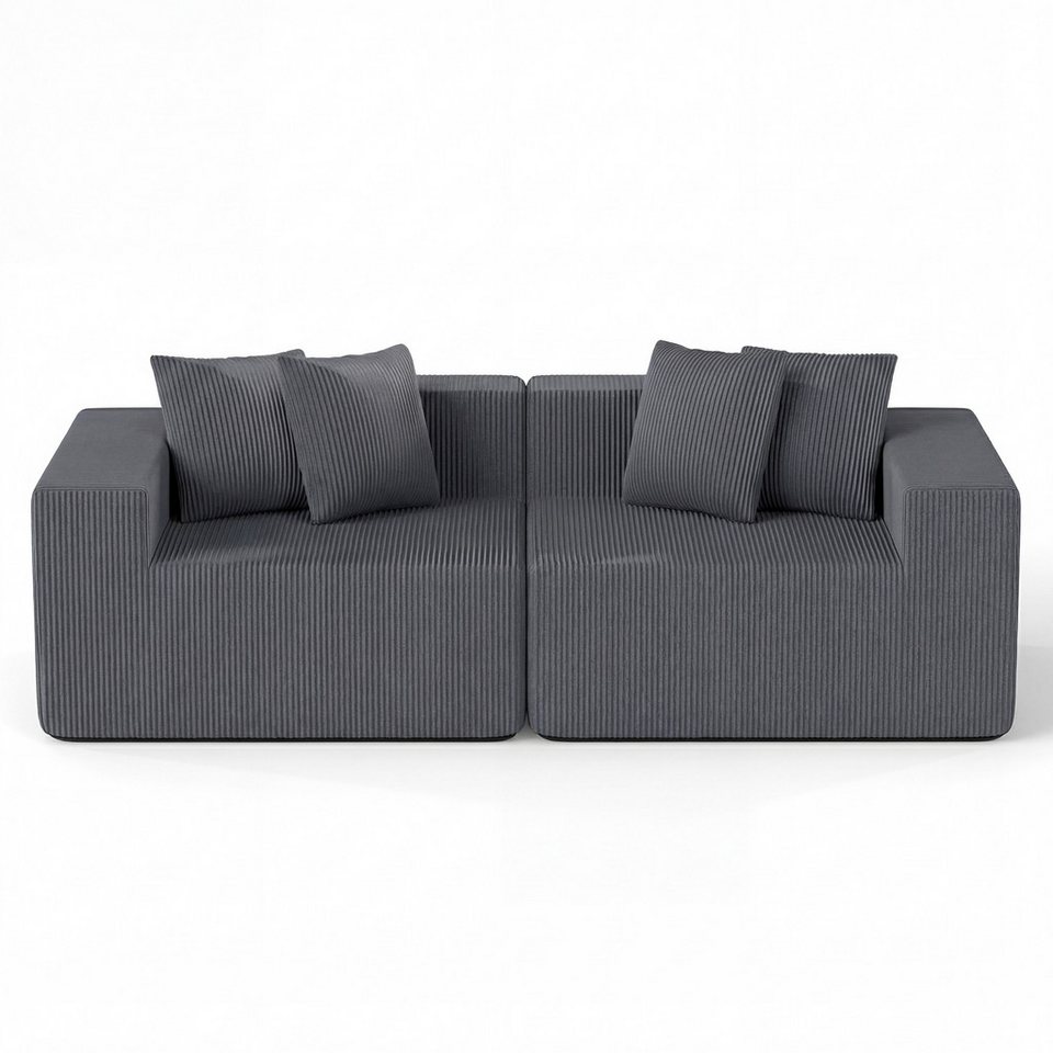 Cord Sofa 2-Sitzer in Grau mit vier Kissen