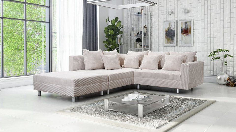 Cord Ecksofa MINSK L in Beige mit passendem Hocker