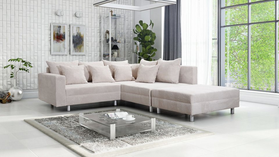 Cord Eckcouch MINSK R in Beige mit Hocker