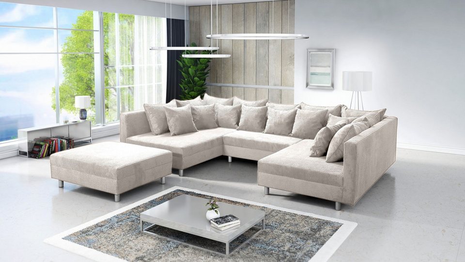 Cord Wohnlandschaft MINSK XXL in Beige in U-Form mit Hocker