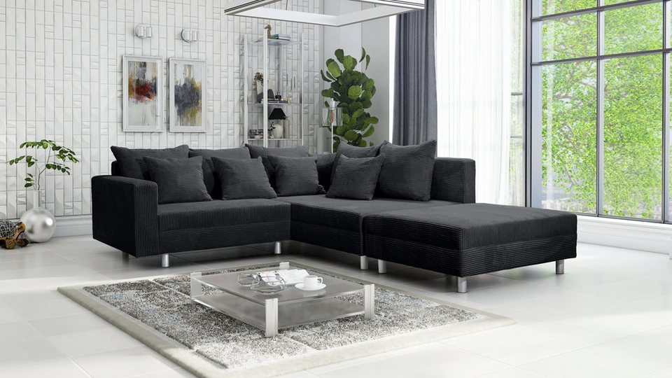 Cord Ecksofa MINSK R in Graphit Grau mit passendem Hocker