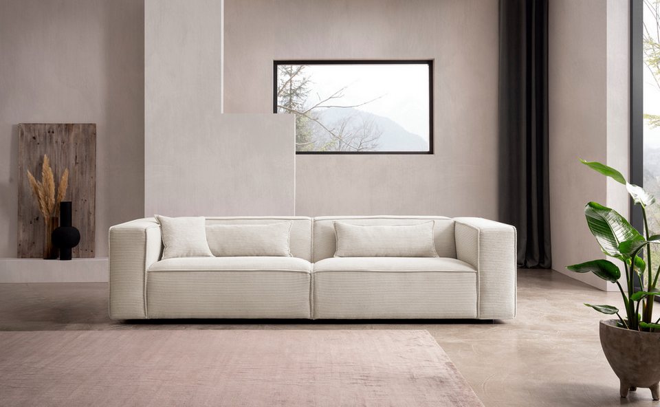 Cord Sofa PIARA 275 cm in Hellbeige mit Kedernaht