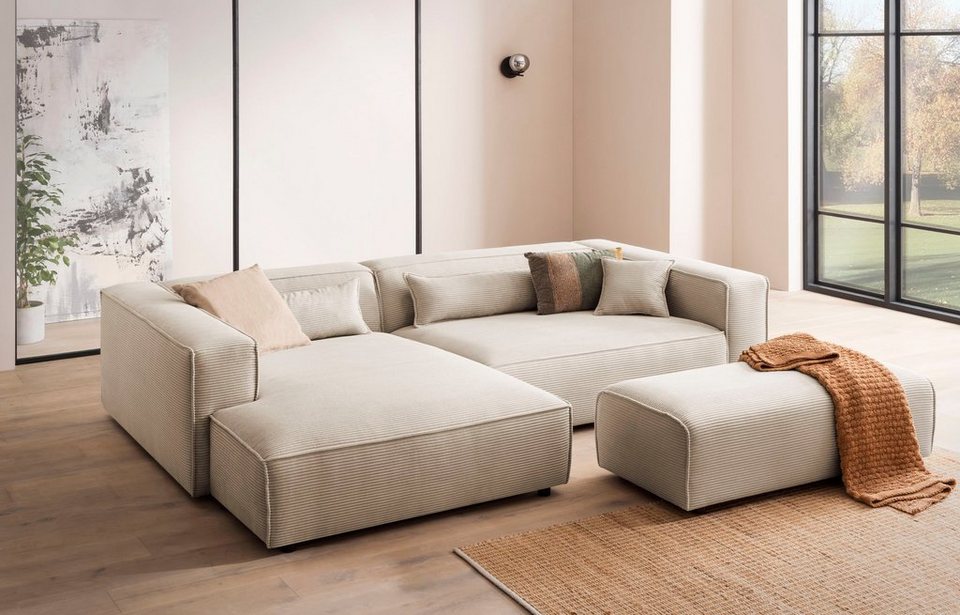 Cord Ecksofa PIARA XXL in Hellbeige mit Ottomane links
