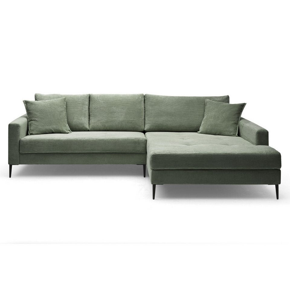 Cord Ecksofa HILARY in Grün mit breiter Ottomane