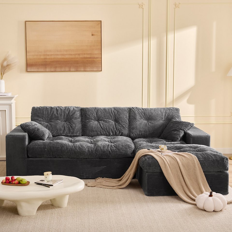 Modulares Cord Ecksofa in Grau mit Recamiere