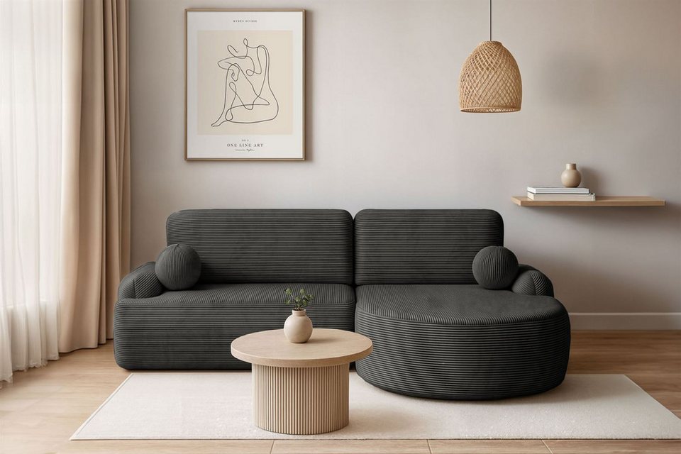 Cord Ecksofa CLEO mit runder Form und Schlaffunktion