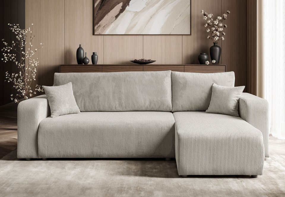 Cord Ecksofa PRESTIGE in Hellbeige mit Bettkasten