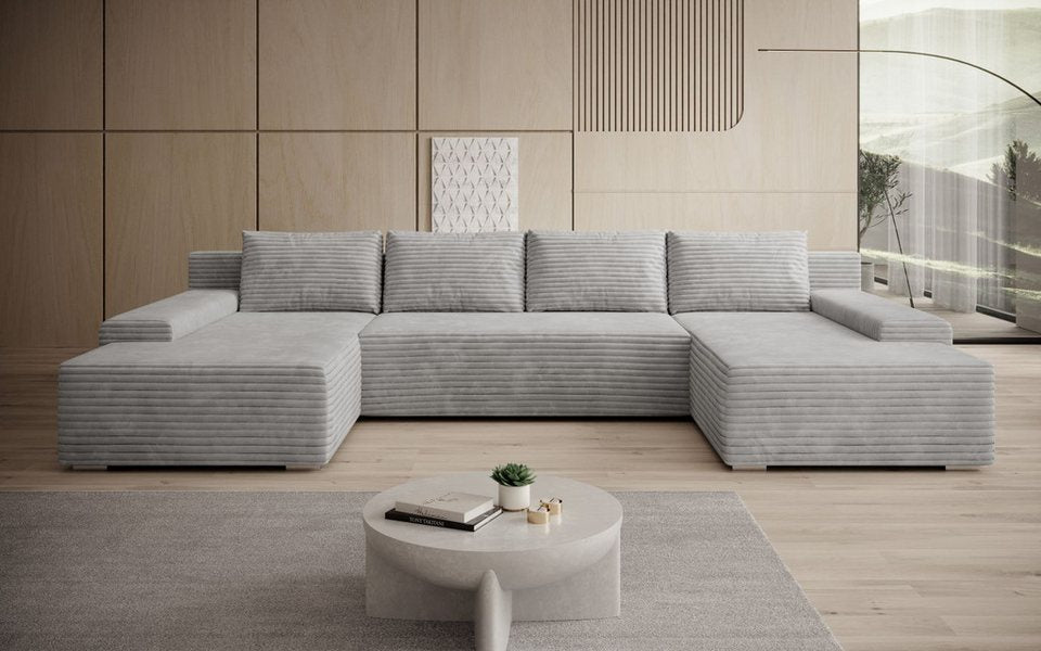 Cord Wohnlandschaft LUCA 348 cm in Hellgrau in U-Form