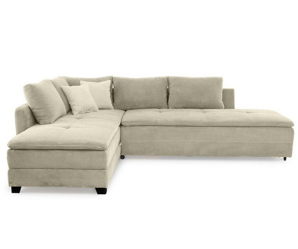 Cord Ecksofa 15161 in Beige Grau als Dauerschläfer mit Nachtkonsole