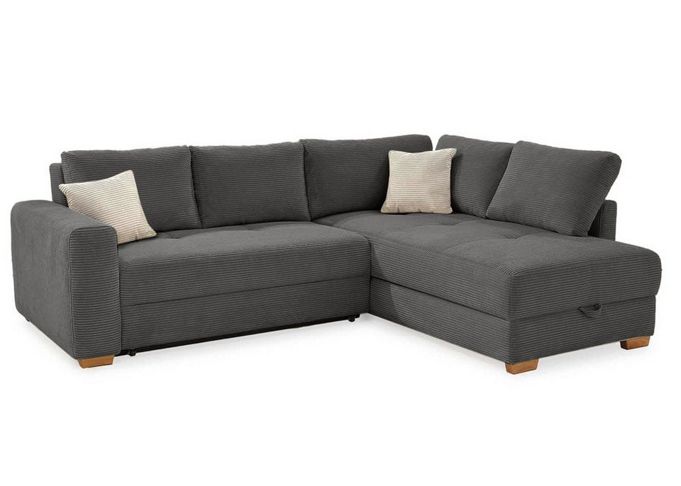 Cord Ecksofa 15211 in Dunkelgrau mit Ottomane und Bettkasten
