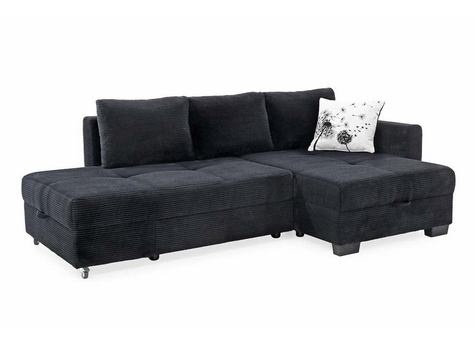 Schwarzes Cord Ecksofa 15216 mit Dreh-Schwenk-Ottomane und Bettkasten