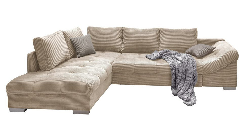 Cord Ecksofa 17204 in Beige mit Ottomane links