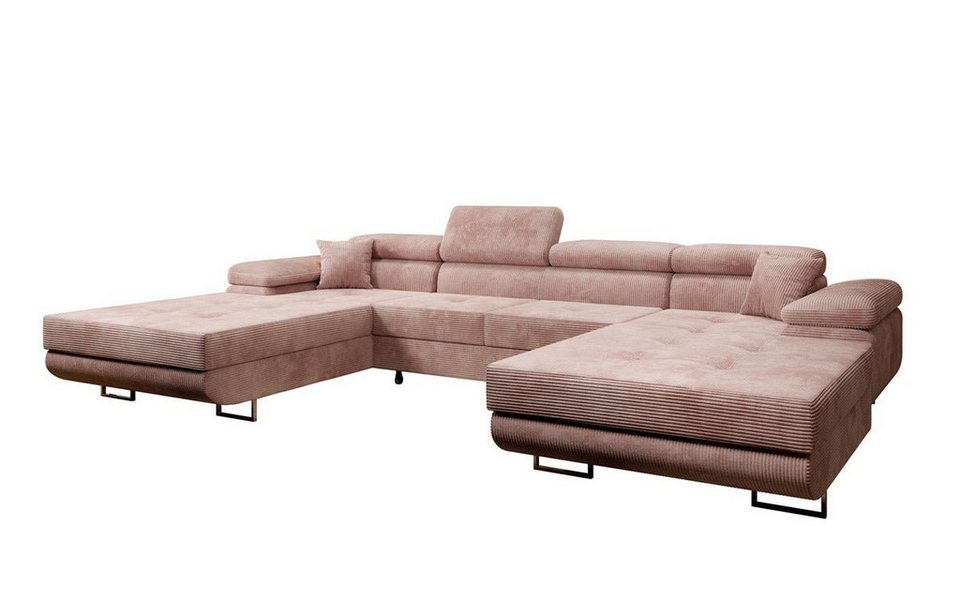 Cord Wohnlandschaft CALVERA U in Rosé mit Schlaffunktion und Stauraum