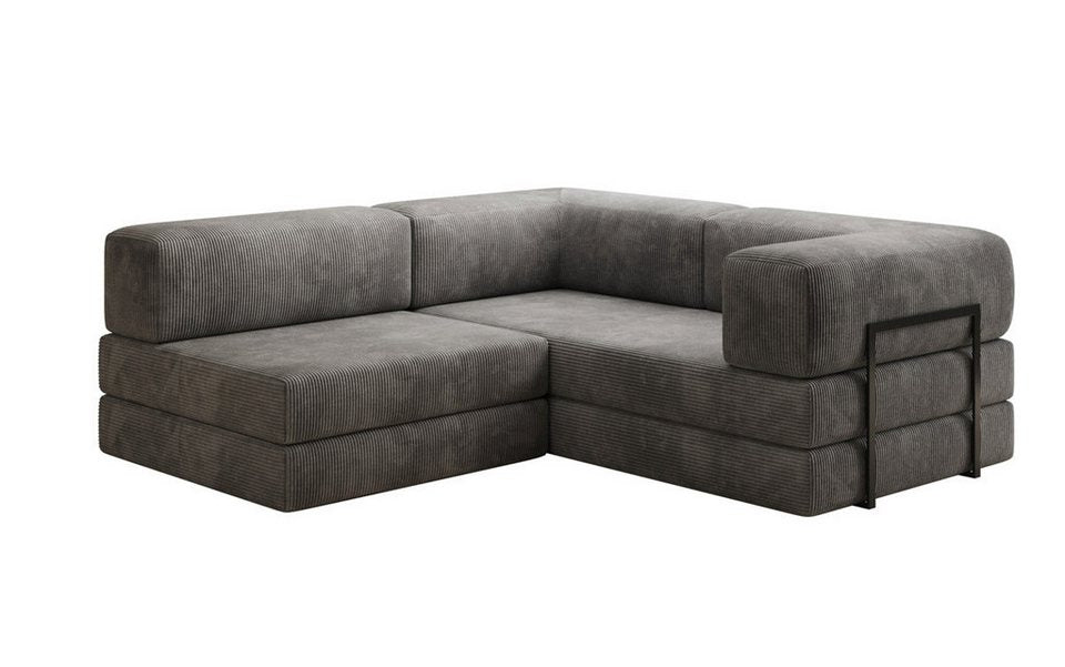 Cord Ecksofa LAZY L MINI in Hellgrau mit Rundkissen