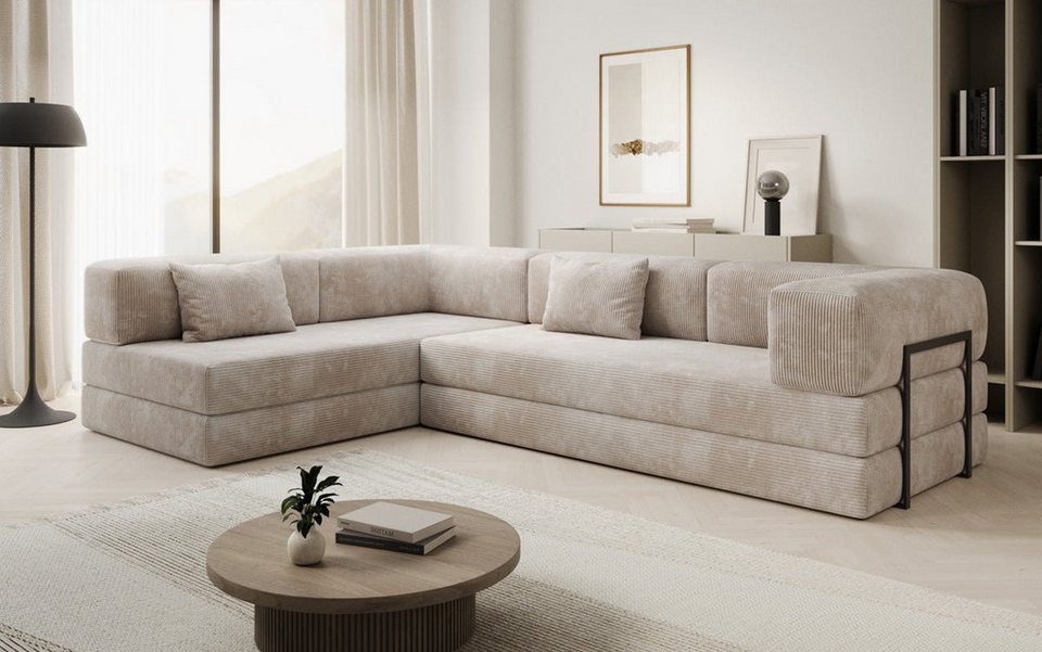 Cord Schlafsofa LAZY L in Beige mit Aufklappfunktion