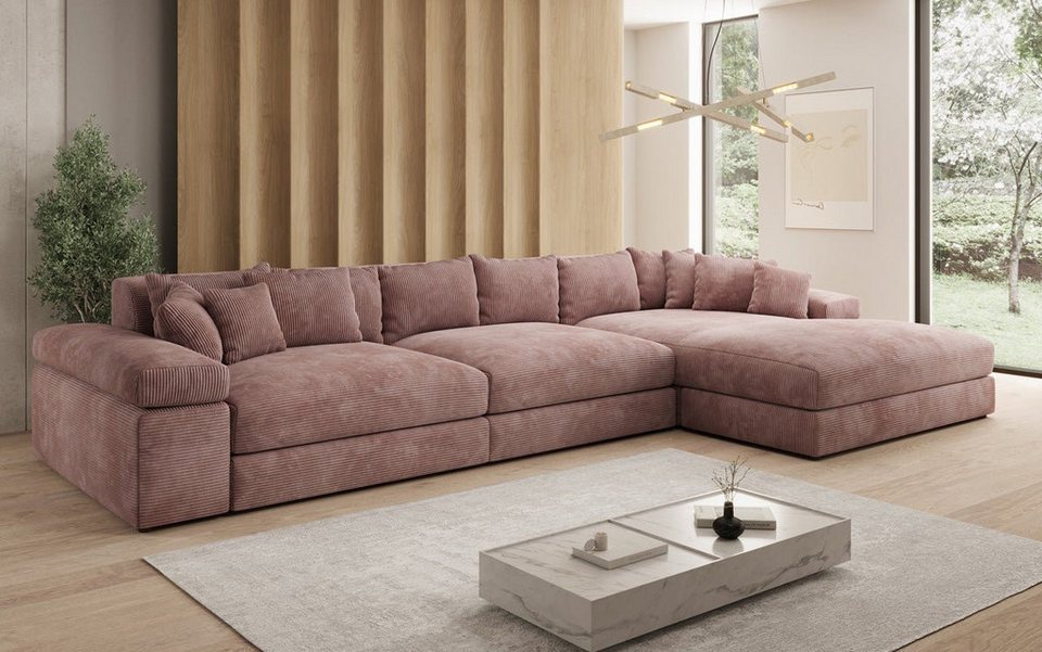 Cord Wohnlandschaft BERNARDO L Maxi in Rosé mit breiter Ottomane
