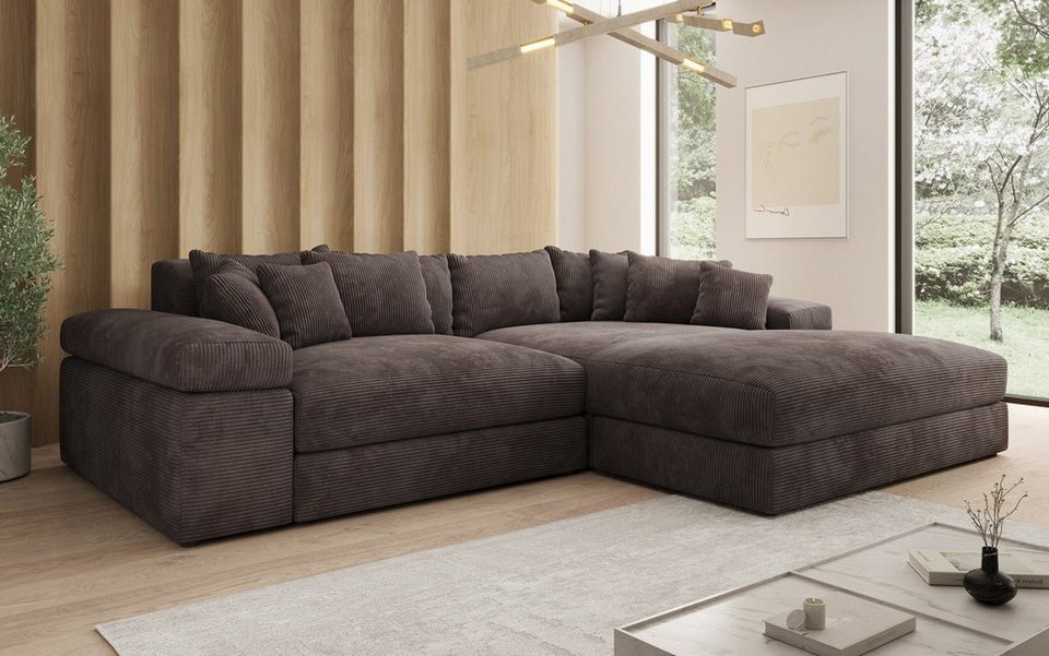 Cord Ecksofa BERNARDO in Braun mit breiter Ottomane