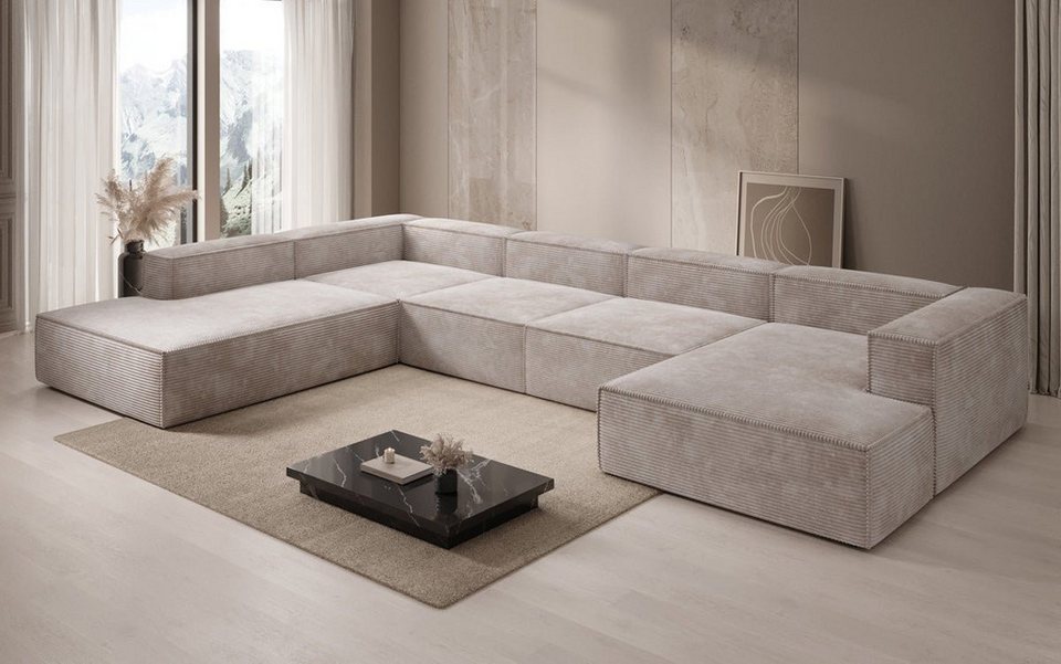 Cord Wohnlandschaft LESLEY U XXL in Beige in großzügiger U-Form