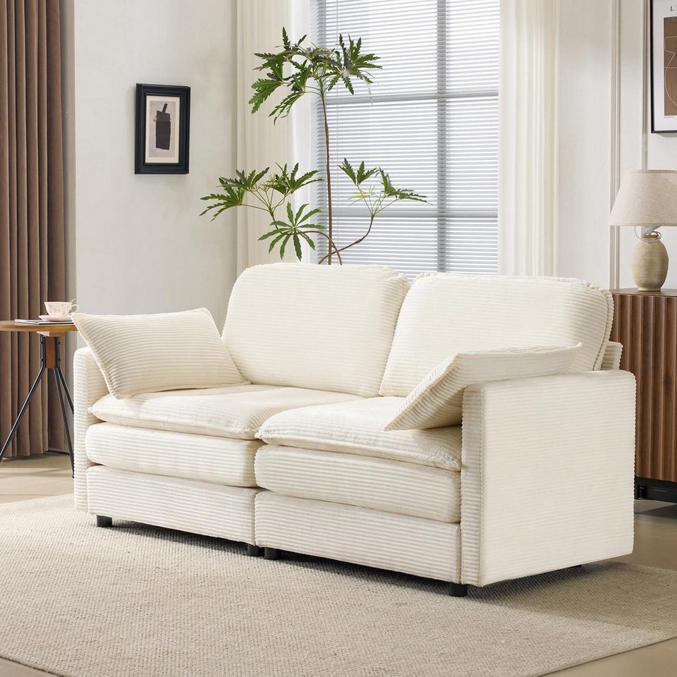 Cord Sofa in Beige mit Holzfüßen für zwei Personen