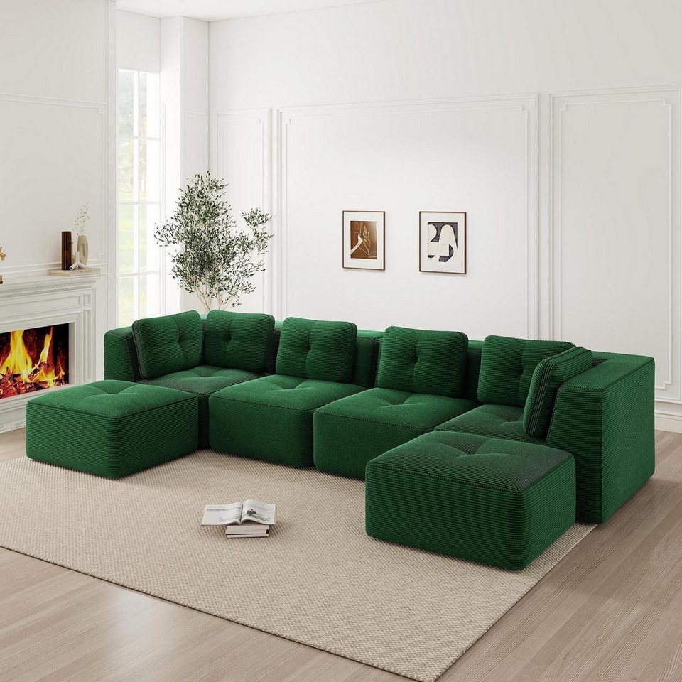 Modulares Cord Ecksofa in Grün mit Ottomane