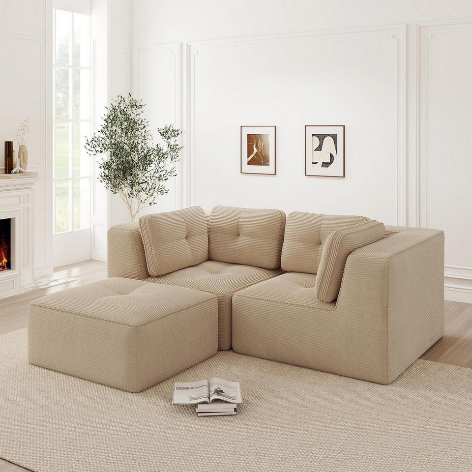 Modulares Cord Ecksofa in Beige mit Ottomane