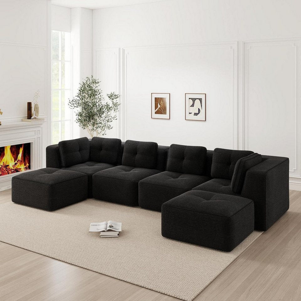 Modulares Cord Ecksofa in Schwarz mit tiefer Sitzfläche