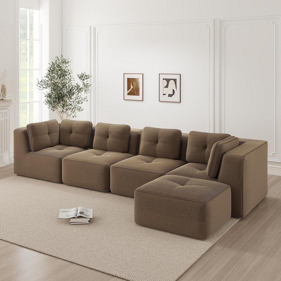 Modulares Cord Ecksofa in Braun mit tiefer Sitzfläche