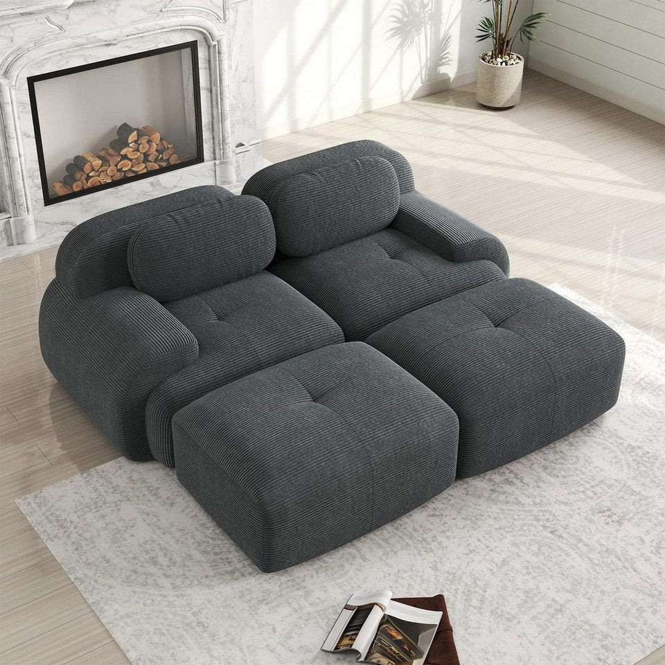 Modulares Cord Ecksofa in Grau mit 2 Sitzern und 2 Hockern