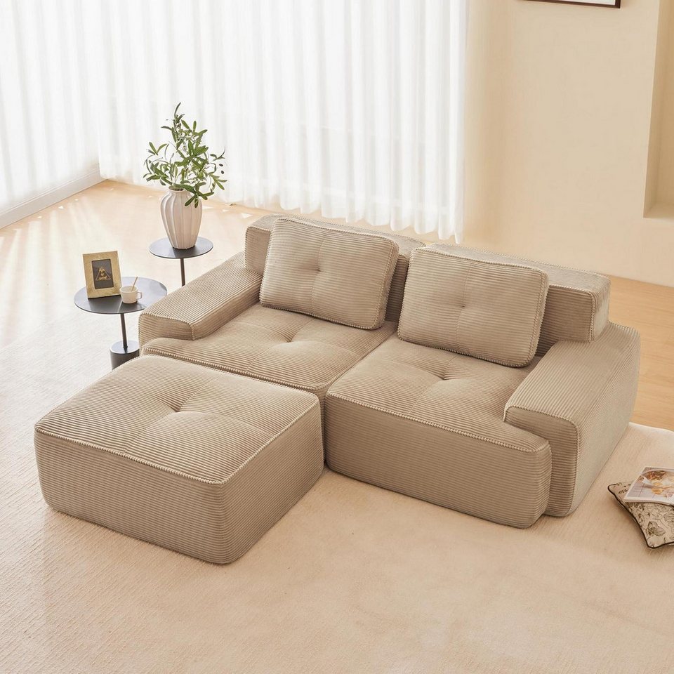Modulares Cord Ecksofa in Beige mit Hocker