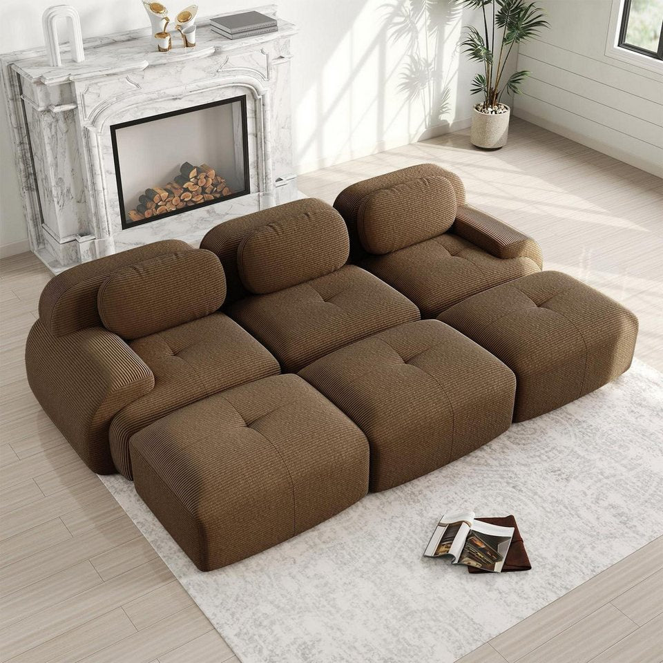 Modulares Cord Ecksofa in Braun mit 3 Sitzern und 3 Hockern