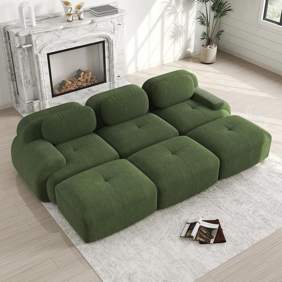 Modulares Cord Ecksofa in Grün mit 3 Sitzern und 3 Hockern