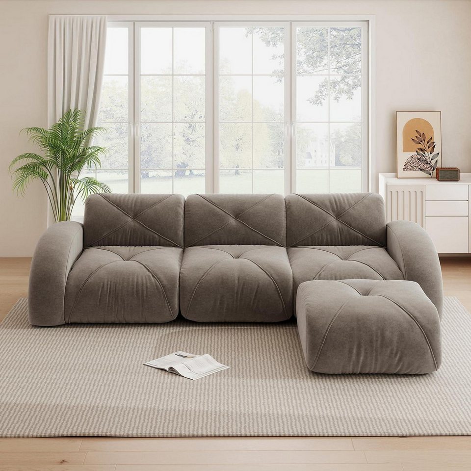 Cord Ecksofa in Braun als L-Form mit Fußhocker