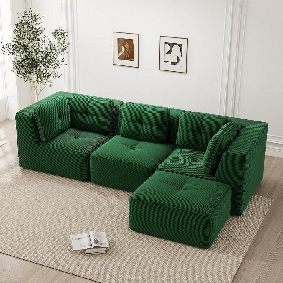 Modulares grünes Cord Ecksofa mit Ottomane