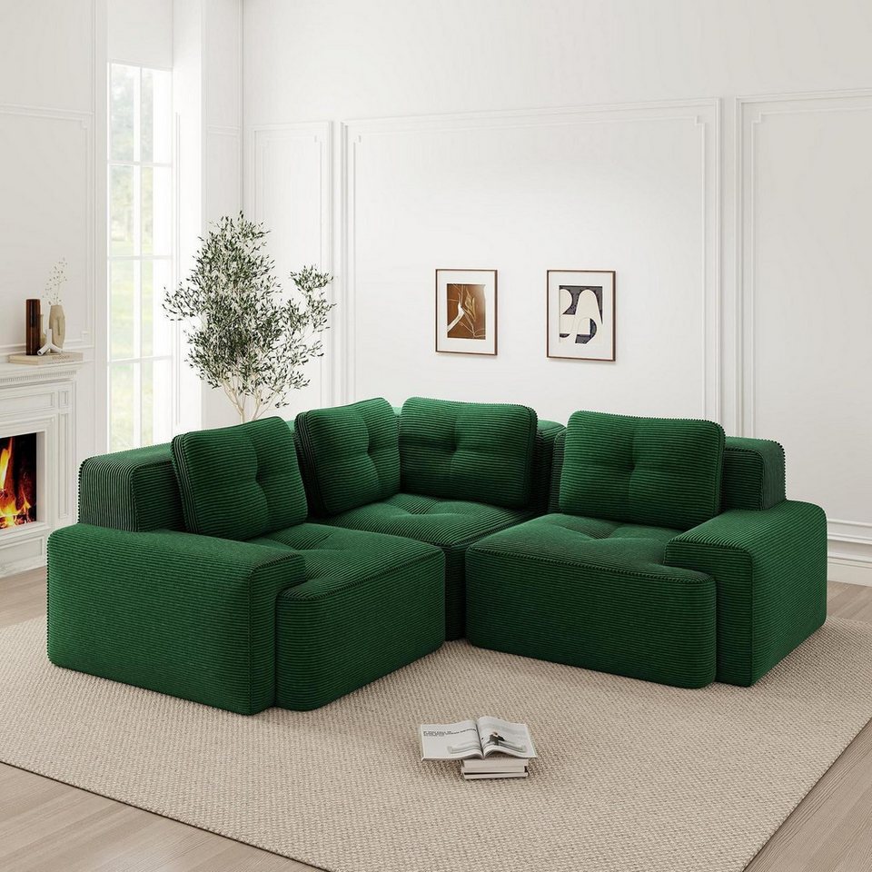Grünes modulares Cord Ecksofa mit Ottoman