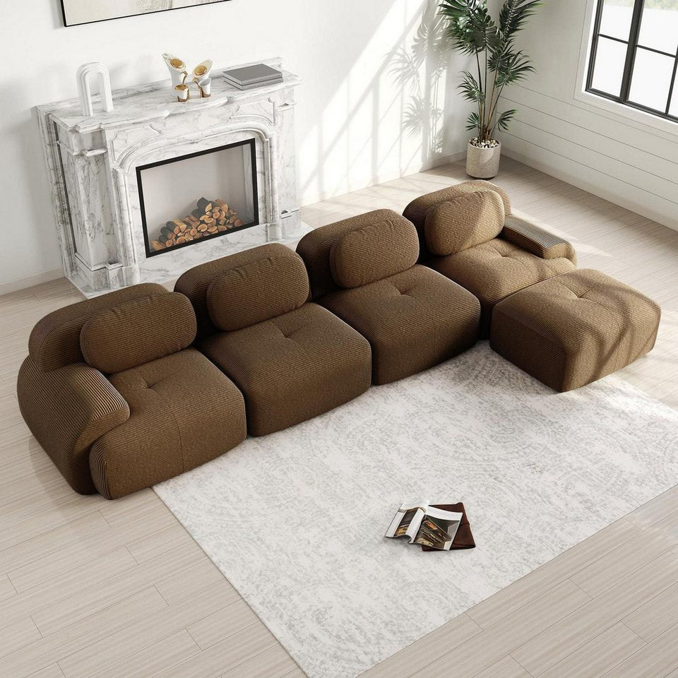 Cord Ecksofa in Braun in L-Form mit Hocker