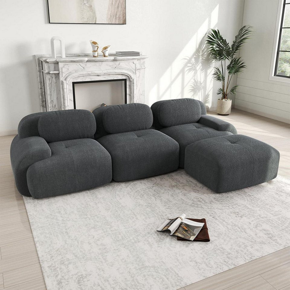 Cord Ecksofa in L-Form in Grau mit Hocker
