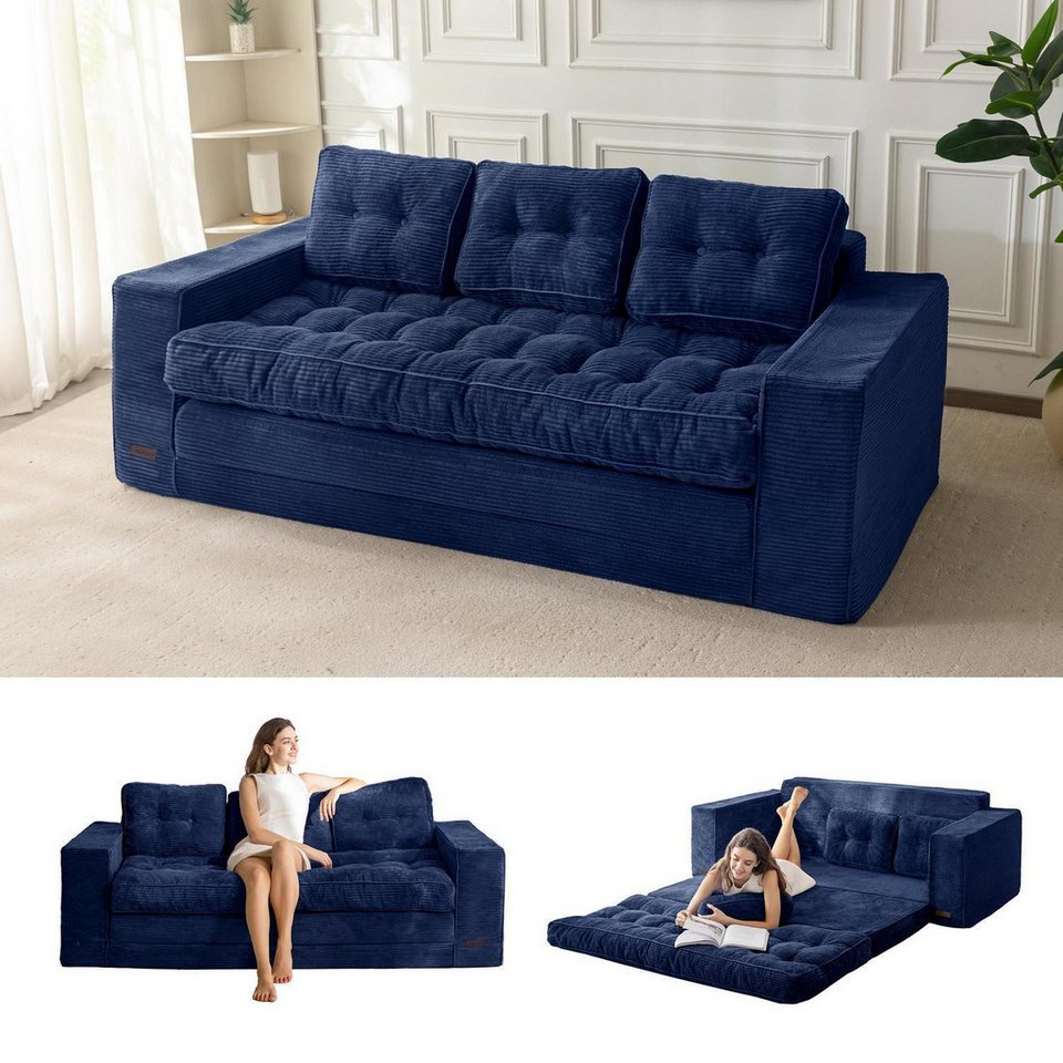 Klappbares Cord Bodensofa in Dunkelblau mit zwei Kissen