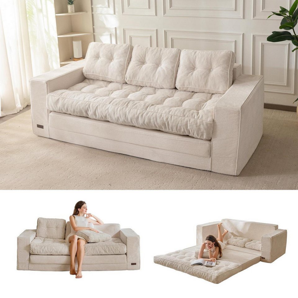 Klappbares Cord Bodensofa in Off-white mit 190 cm Breite