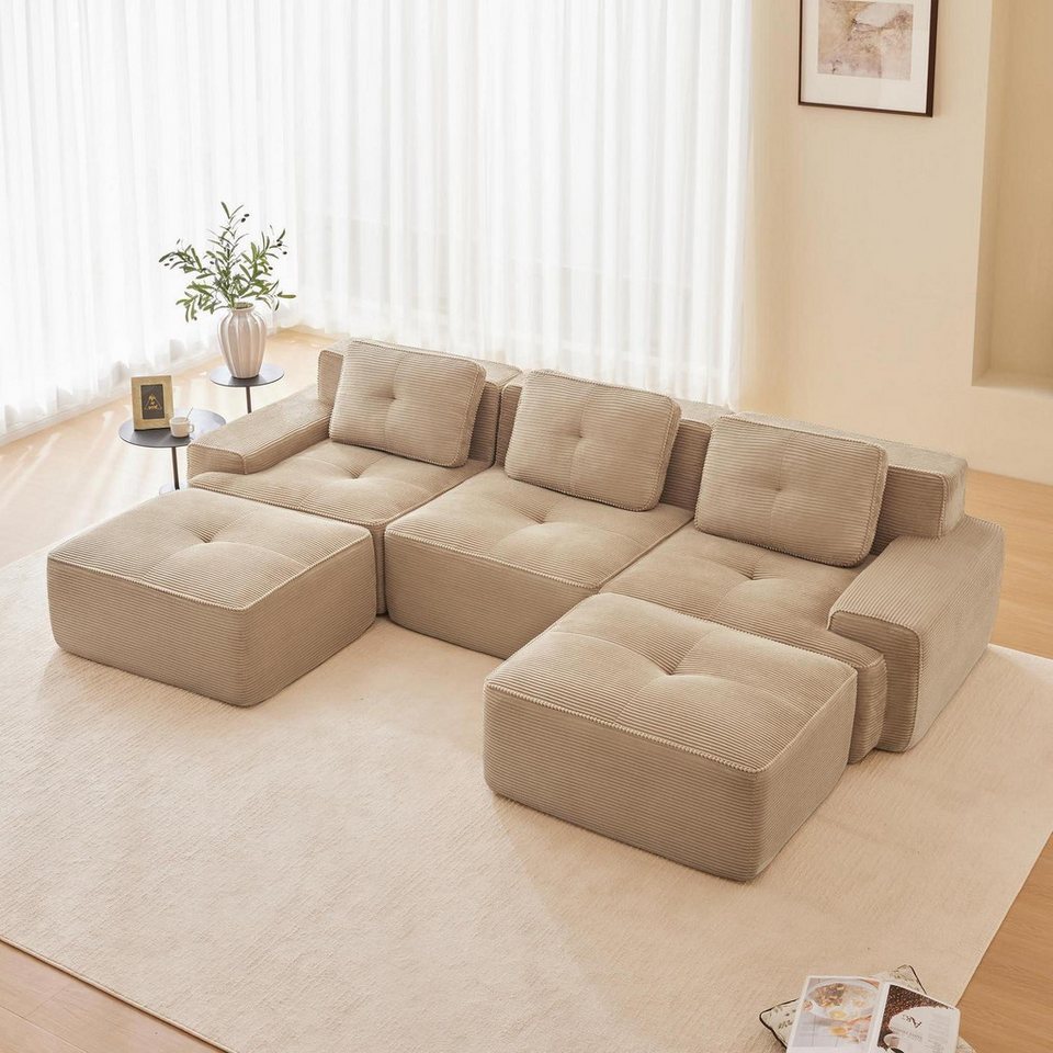 Modulare Cord Wohnlandschaft in Beige mit zwei Hockern