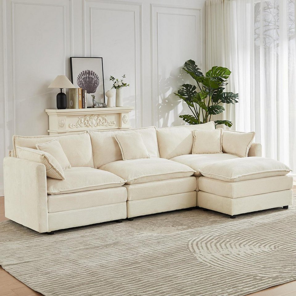 Beige Cord Wohnlandschaft in L-Form mit Schlaffunktion 285 cm