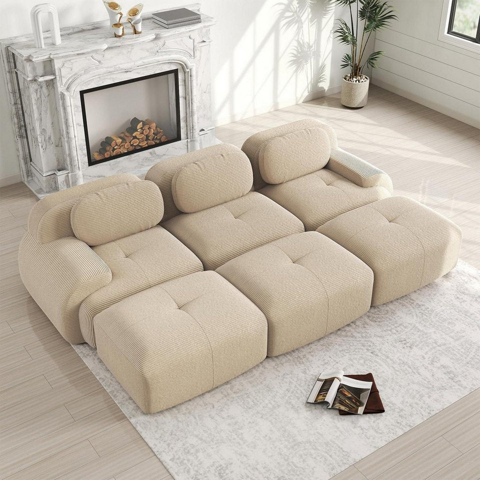 Modulare Cord Wohnlandschaft in Beige mit drei Sitzplätzen und drei Hockern