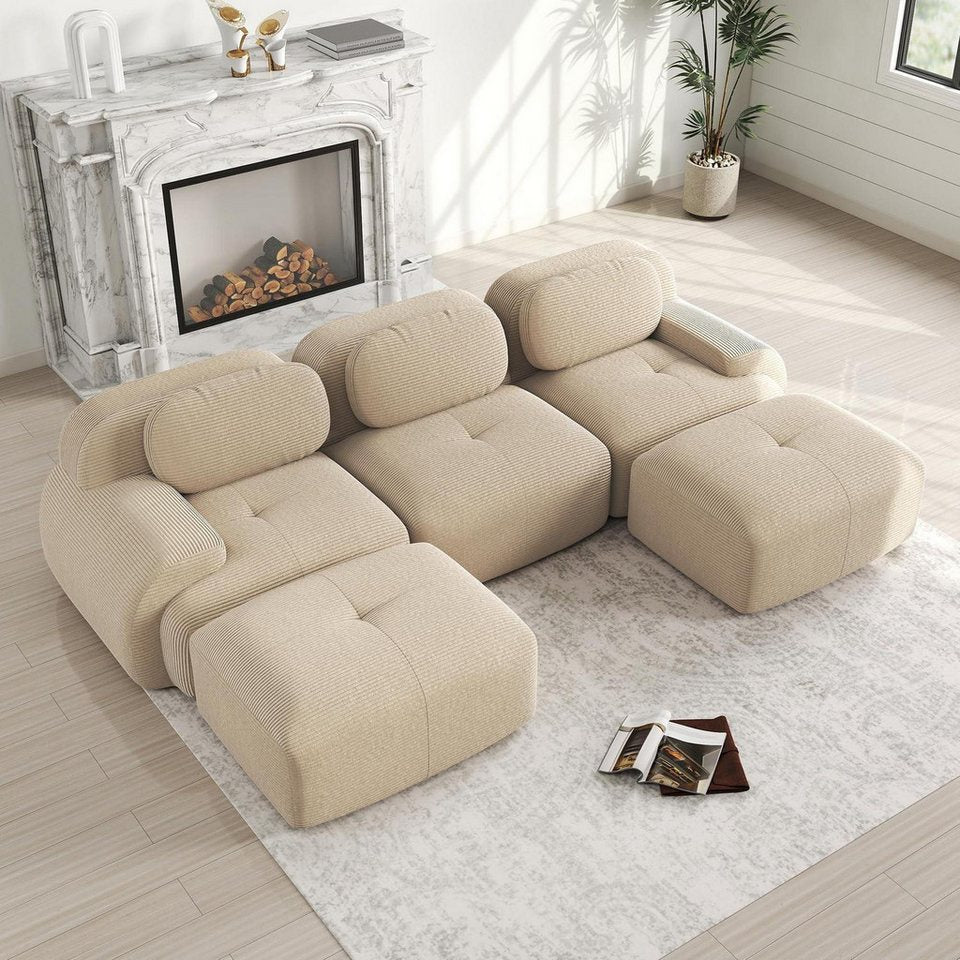 Modulare Cord Wohnlandschaft in Beige mit drei Sitzen und zwei Ottomanen