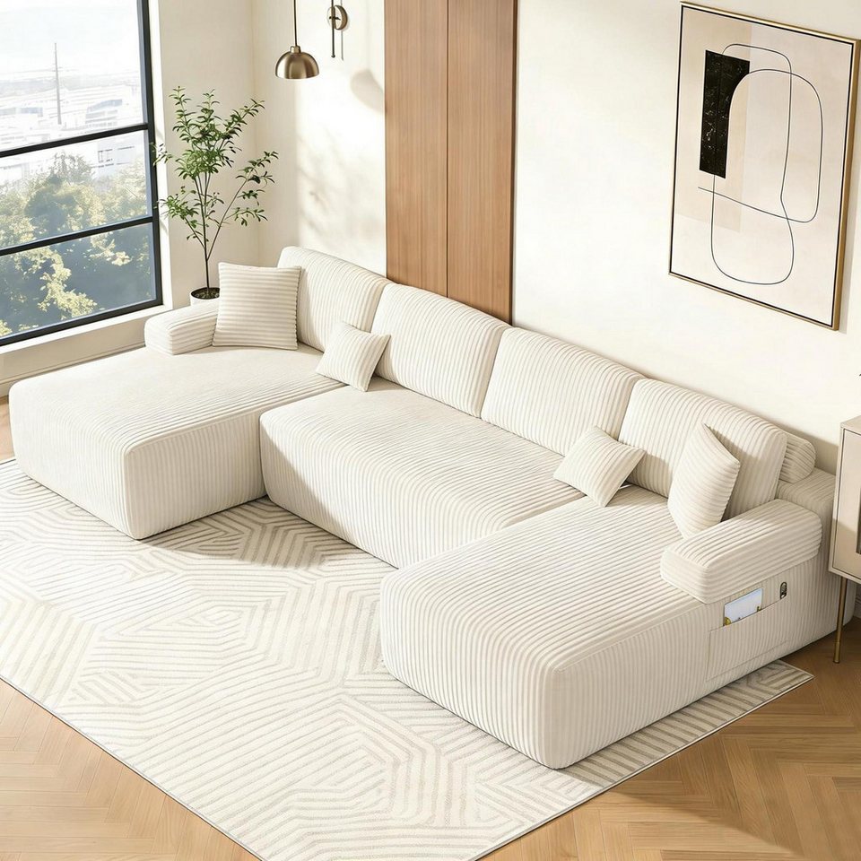 Beige modulare Cord Wohnlandschaft mit Memoryfoam Bodenliege
