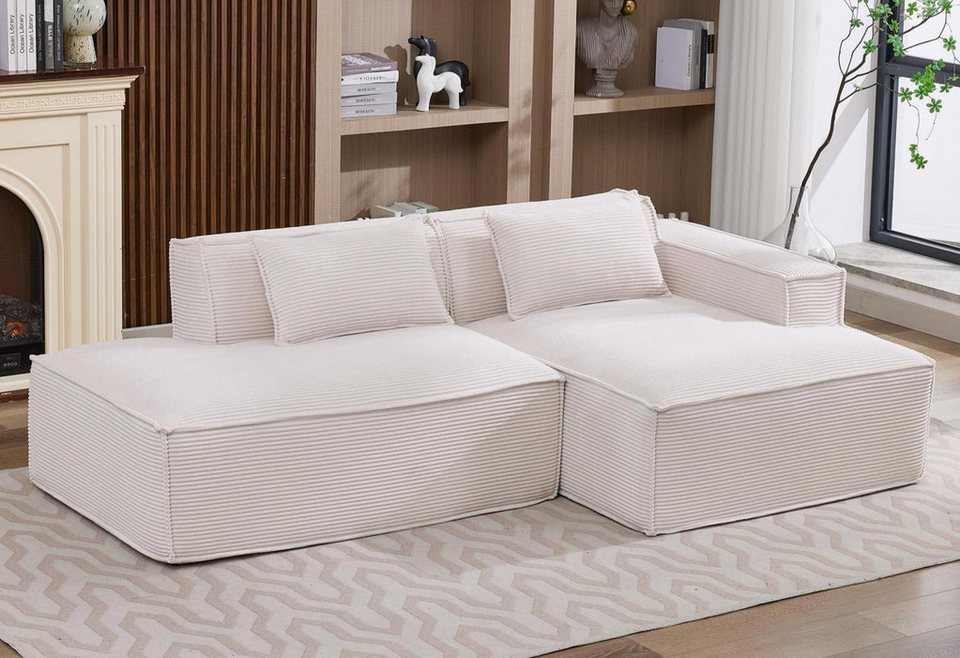 Modulares Cord Ecksofa LVHOM 233 cm in Weiß mit linker Chaiselongue