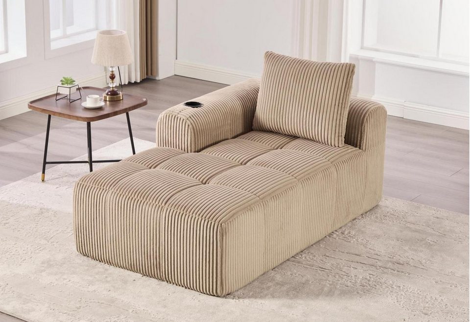 Modulares Cord Ecksofa in Khaki mit Chaiselongue und Becherhalter